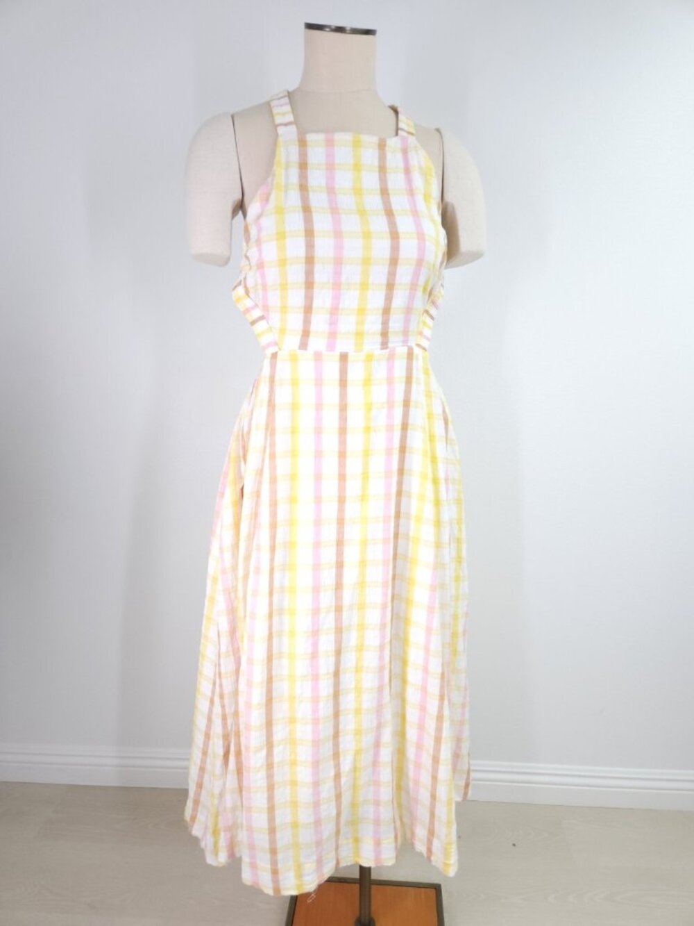 Anthropologie Mable Large Plaid Crisscross Open Back Cotton Gauze Midi Sundress